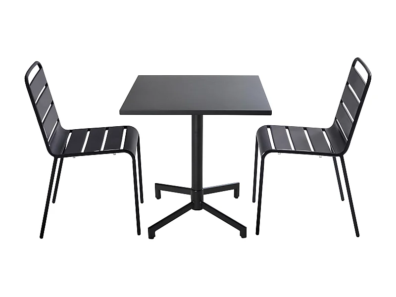 Set van 70 cm tafel en 2 zwarte metalen tuinstoelen