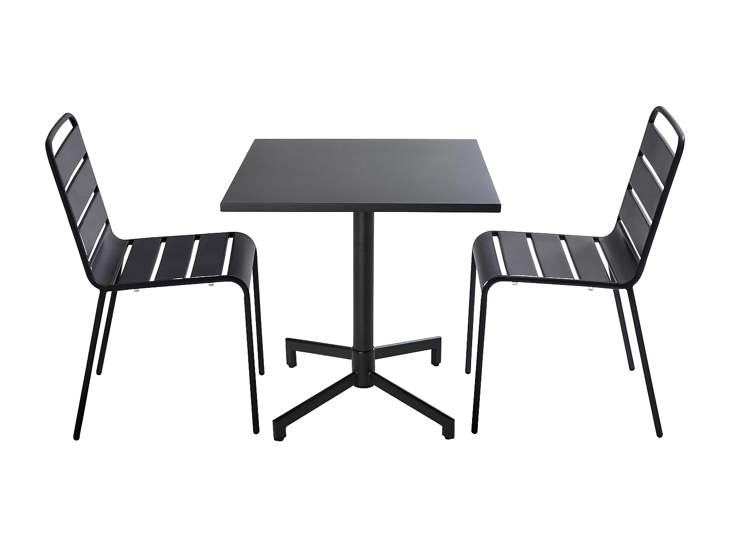 Set van 70 cm tafel en 2 zwarte metalen tuinstoelen