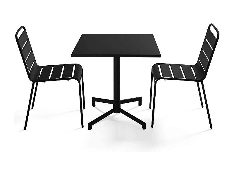 70 cm tafel en 2 metalen tuinstoelen in zwart