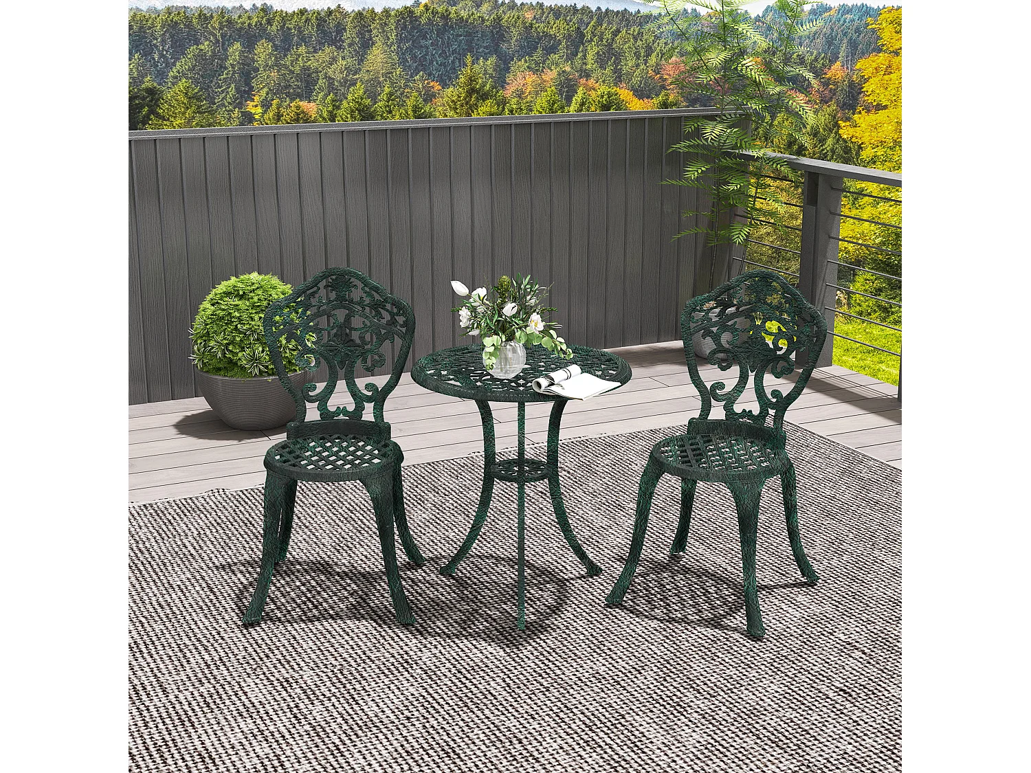 Ensemble bistrot de jardin 2 personnes 3 pièces aluminium aspect fer forgé noir vieilli vert