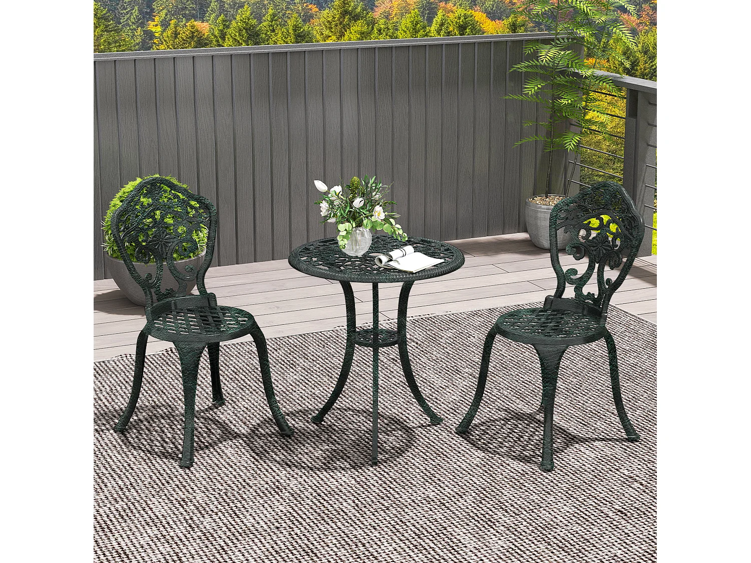 Ensemble bistrot de jardin 2 personnes 3 pièces aluminium aspect fer forgé noir vieilli vert