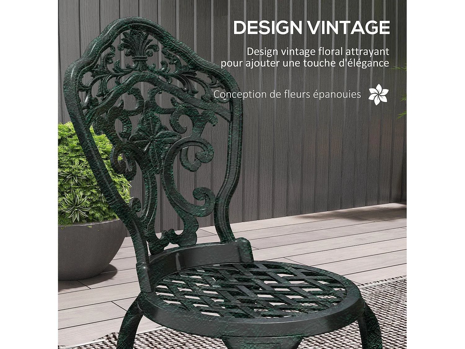 Ensemble bistrot de jardin 2 personnes 3 pièces aluminium aspect fer forgé noir vieilli vert