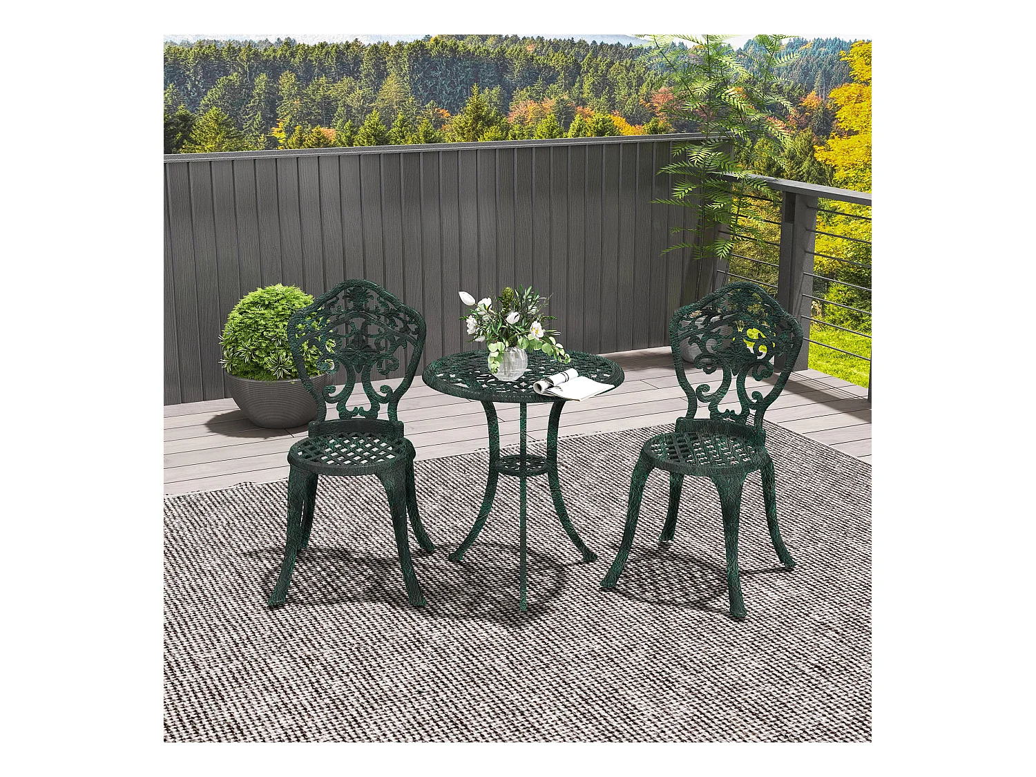 Ensemble bistrot de jardin 2 personnes 3 pièces aluminium aspect fer forgé noir vieilli vert