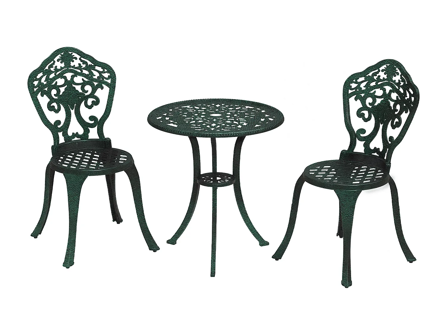 Ensemble bistrot de jardin 2 personnes 3 pièces aluminium aspect fer forgé noir vieilli vert