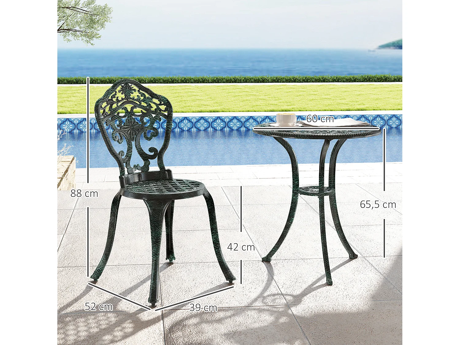 Ensemble bistrot de jardin 2 personnes 3 pièces aluminium aspect fer forgé noir vieilli vert