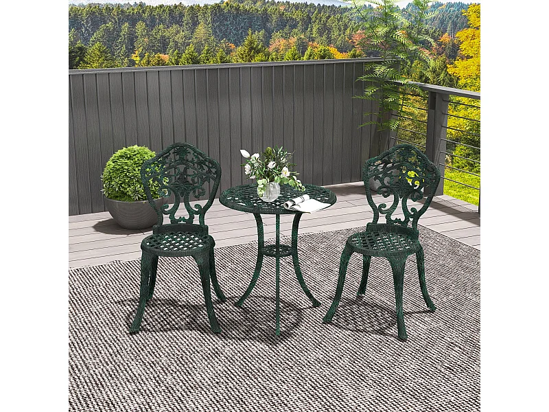 Ensemble bistrot de jardin 2 personnes 3 pièces aluminium aspect fer forgé noir vieilli vert