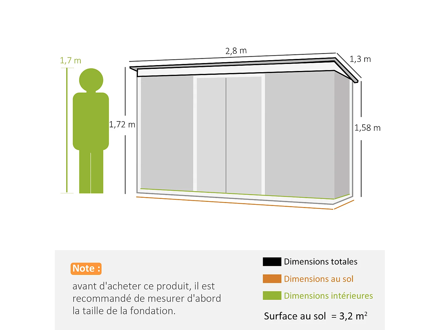 Abri de jardin - remise pour outils - cabanon portes verrouillables - dim. 2,8L x 1,3l x 1,72H m - tôle d'acier gris vert