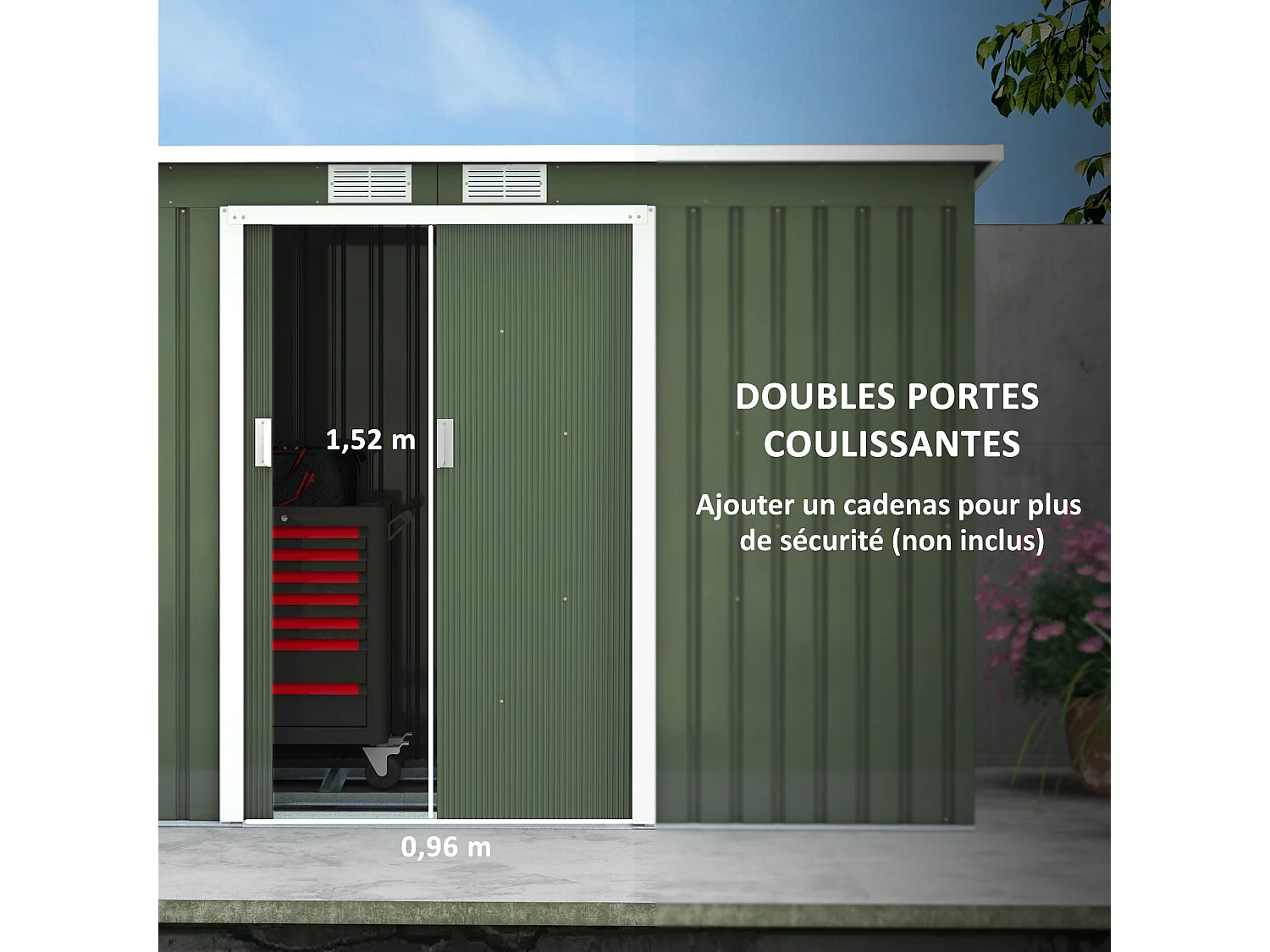 Abri de jardin - remise pour outils - cabanon portes verrouillables - dim. 2,8L x 1,3l x 1,72H m - tôle d'acier gris vert