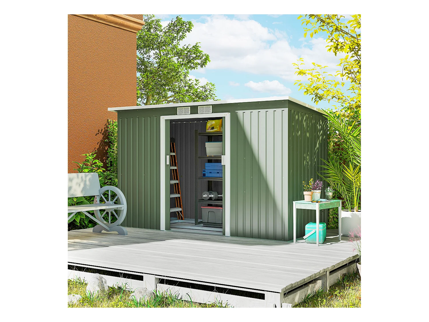 Abri de jardin - remise pour outils - cabanon portes verrouillables - dim. 2,8L x 1,3l x 1,72H m - tôle d'acier gris vert