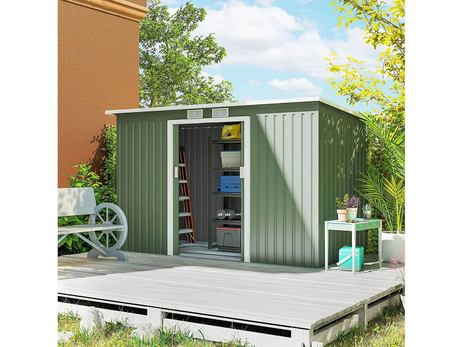 Abri de jardin - remise pour outils - cabanon portes verrouillables - dim. 2,8L x 1,3l x 1,72H m - tôle d'acier gris vert