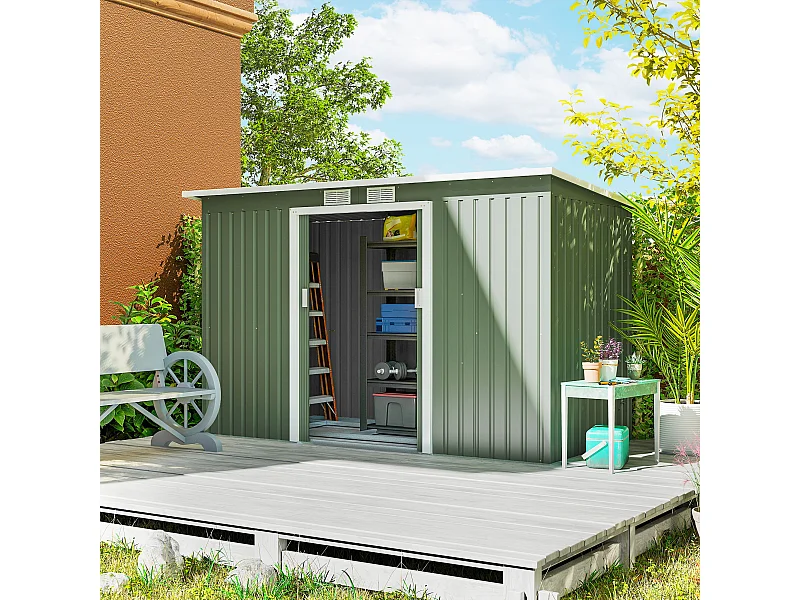 Abri de jardin - remise pour outils - cabanon portes verrouillables - dim. 2,8L x 1,3l x 1,72H m - tôle d'acier gris vert