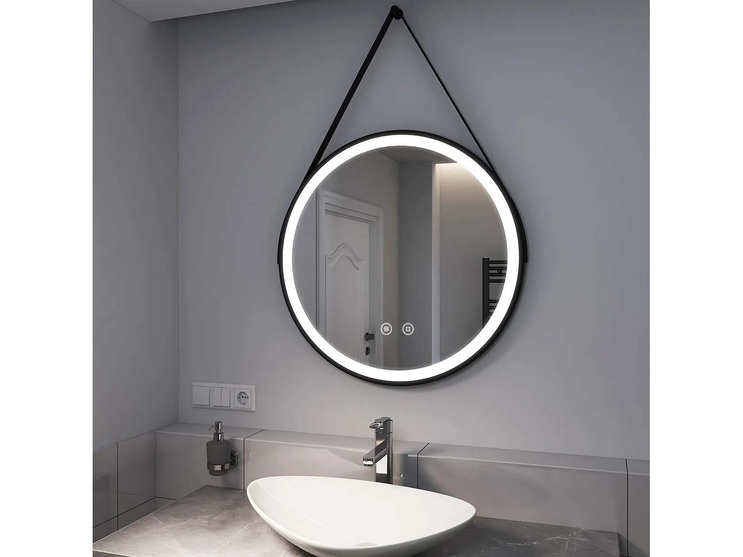 EMKE Miroir lumineux salle de bain rond diamètre 70cm cadre noir, Sangle réglable, Miroir LED avec Interrupteur Tactile, Anti-buée, Lumière Froide