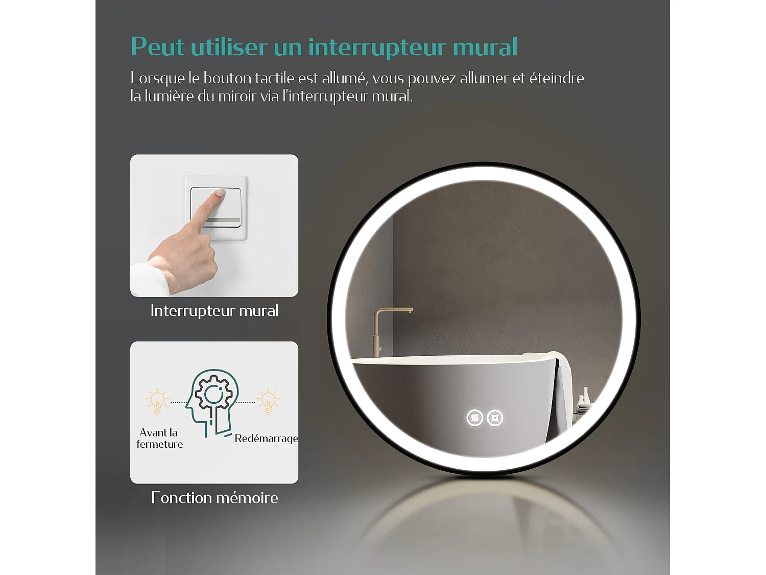 EMKE Miroir lumineux salle de bain rond diamètre 70cm cadre noir, Sangle réglable, Miroir LED avec Interrupteur Tactile, Anti-buée, Lumière Froide