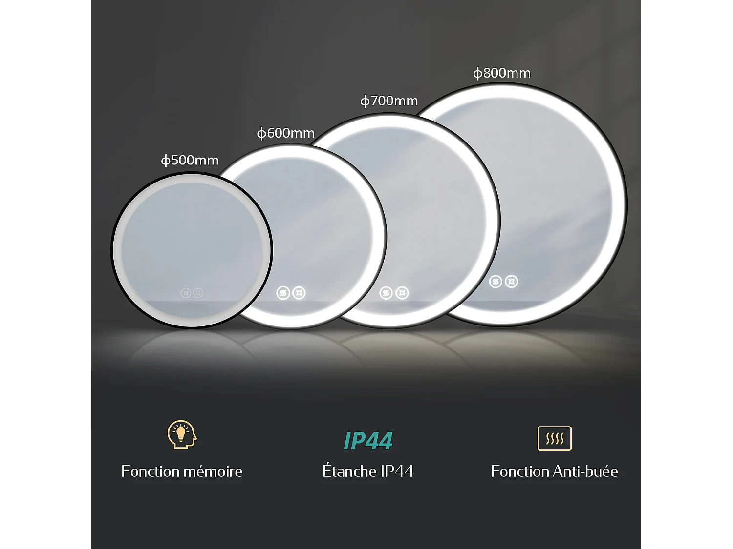 EMKE Miroir lumineux salle de bain rond diamètre 70cm cadre noir, Sangle réglable, Miroir LED avec Interrupteur Tactile, Anti-buée, Lumière Froide