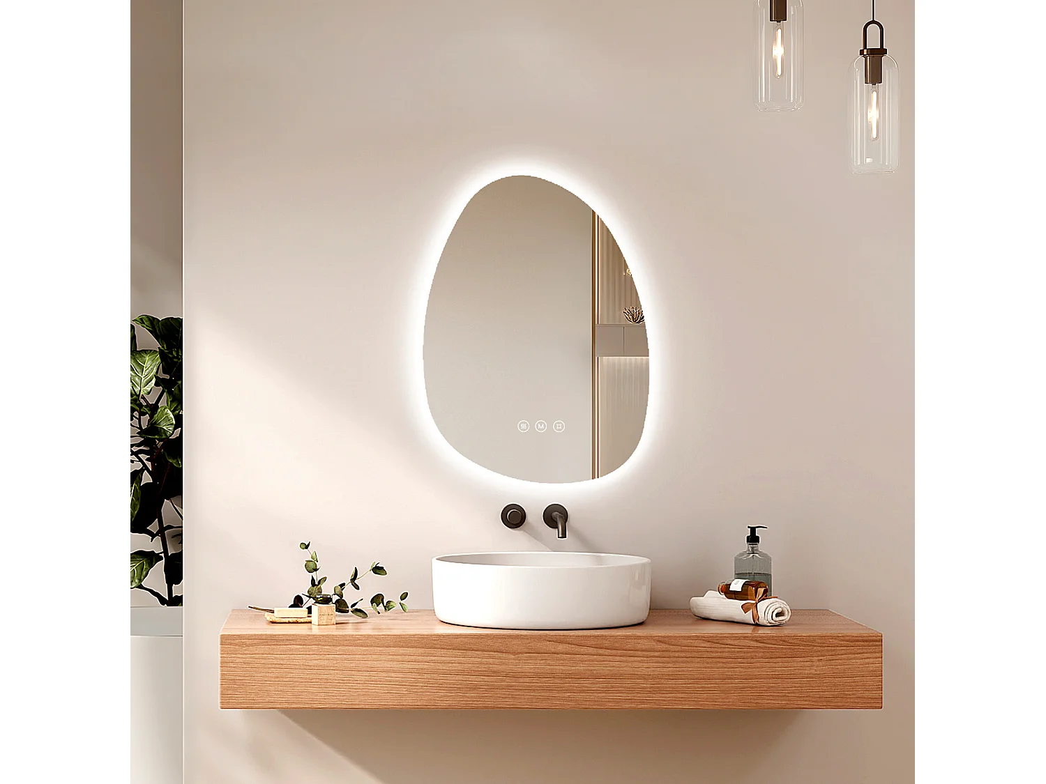 EMKE Miroir salle de bain avec éclairage, Miroir asymétrique LED, anti-buée, interrupteur tactile, 3 couleurs de lumière réglable, 65 x 45 cm