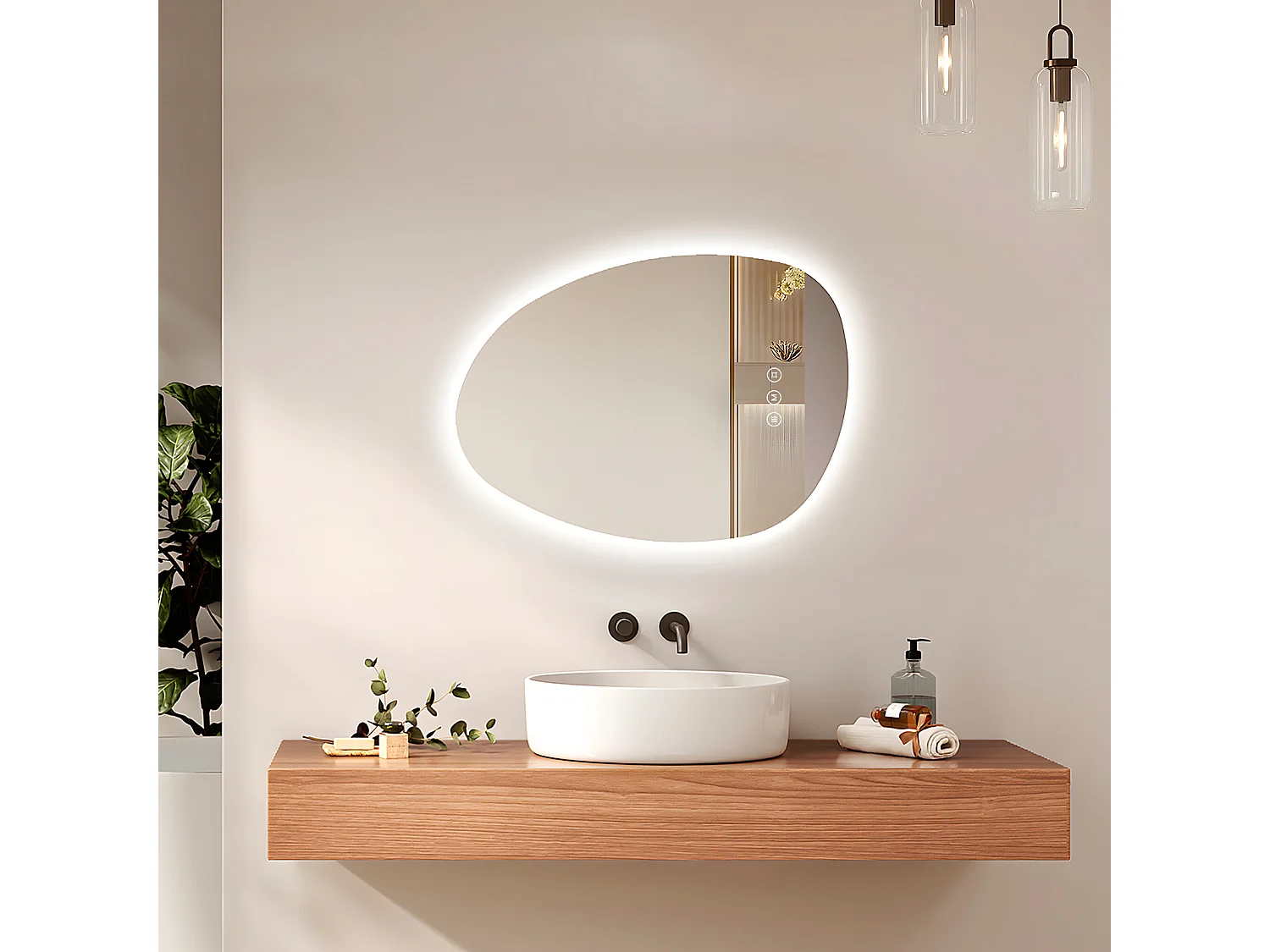 EMKE Miroir salle de bain avec éclairage, Miroir asymétrique LED, anti-buée, interrupteur tactile, 3 couleurs de lumière réglable, 65 x 45 cm