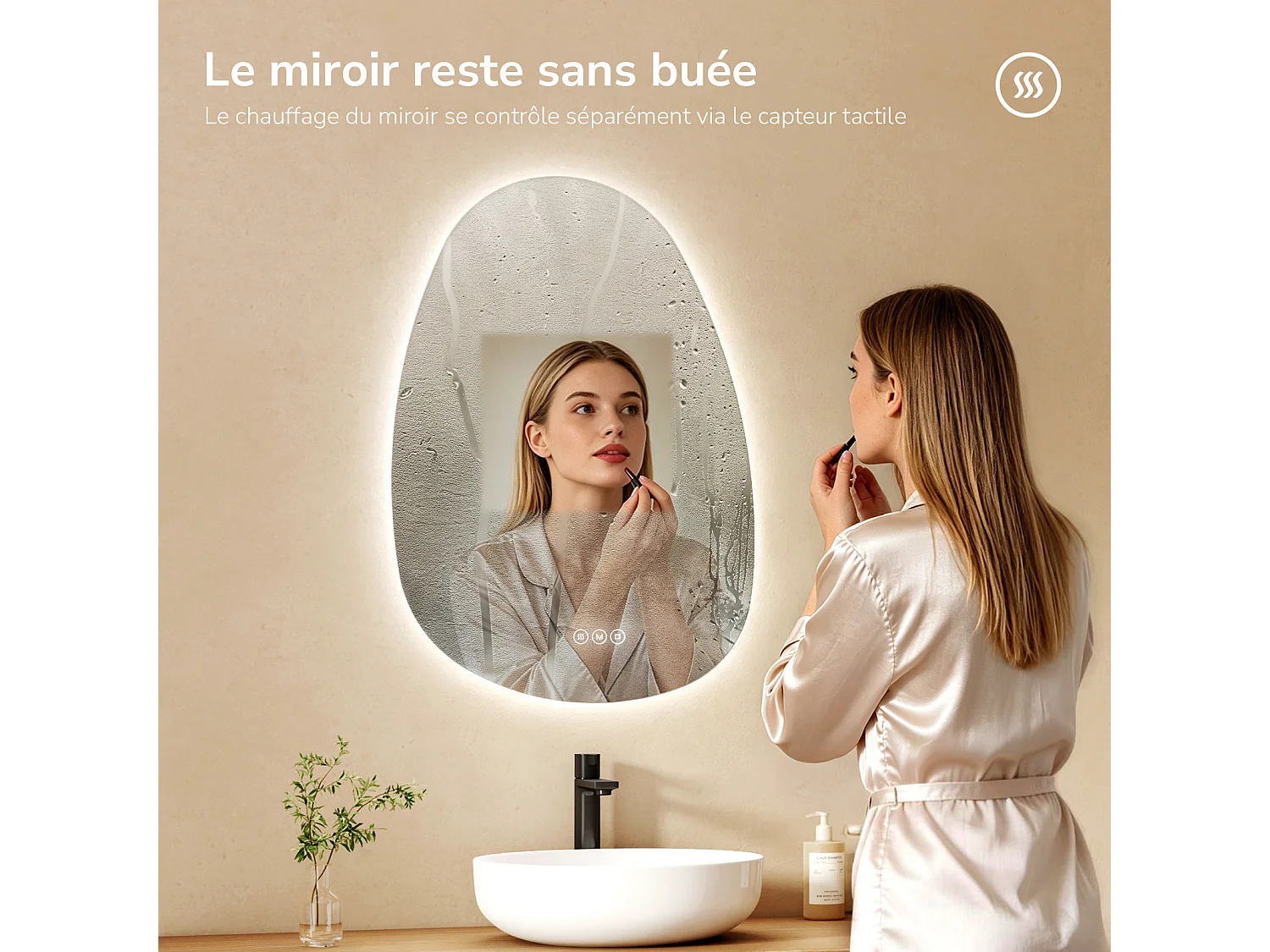 Specchio da bagno EMKE con illuminazione, specchio LED asimmetrico, antiappannamento, interruttore touch, 3 colori di luce regolabili, 65 x 45 cm