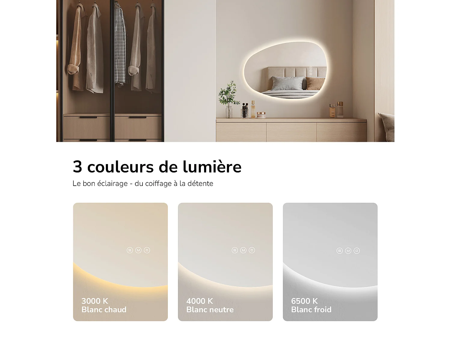Specchio da bagno EMKE con illuminazione, specchio LED asimmetrico, antiappannamento, interruttore touch, 3 colori di luce regolabili, 65 x 45 cm