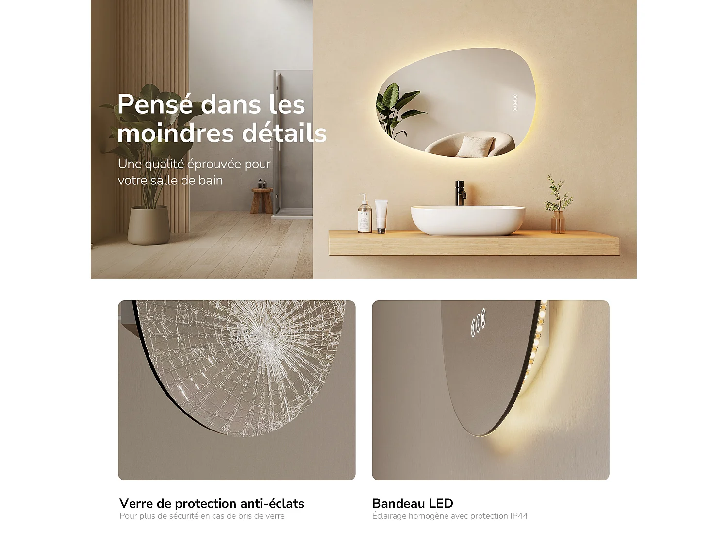 Specchio da bagno EMKE con illuminazione, specchio LED asimmetrico, antiappannamento, interruttore touch, 3 colori di luce regolabili, 65 x 45 cm