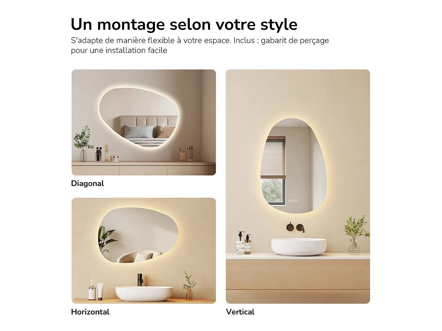Specchio da bagno EMKE con illuminazione, specchio LED asimmetrico, antiappannamento, interruttore touch, 3 colori di luce regolabili, 65 x 45 cm
