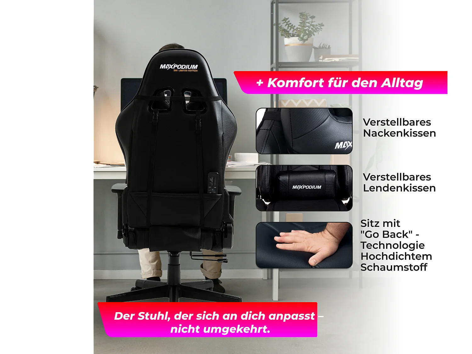 Cadeira Gaming Premium – Sistema de massagem, suporta até 150 kg – Tactical SMI, Preta