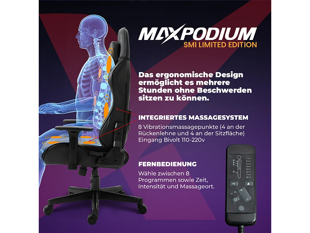 Premium Gaming-Stuhl – mit integriertem Massagesystem, extra breit, 3D-Armlehnen, bis 150 kg belastbar – MaxPodium Tactical SMI, Schwarz