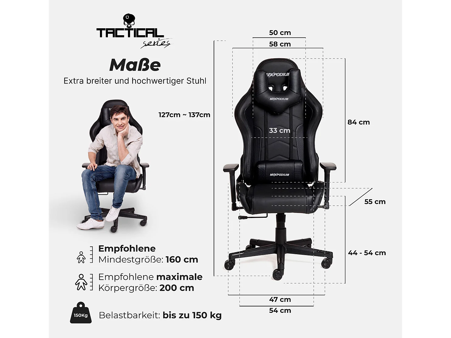 Premium Gaming-Stuhl – mit integriertem Massagesystem, extra breit, 3D-Armlehnen, bis 150 kg belastbar – MaxPodium Tactical SMI, Schwarz