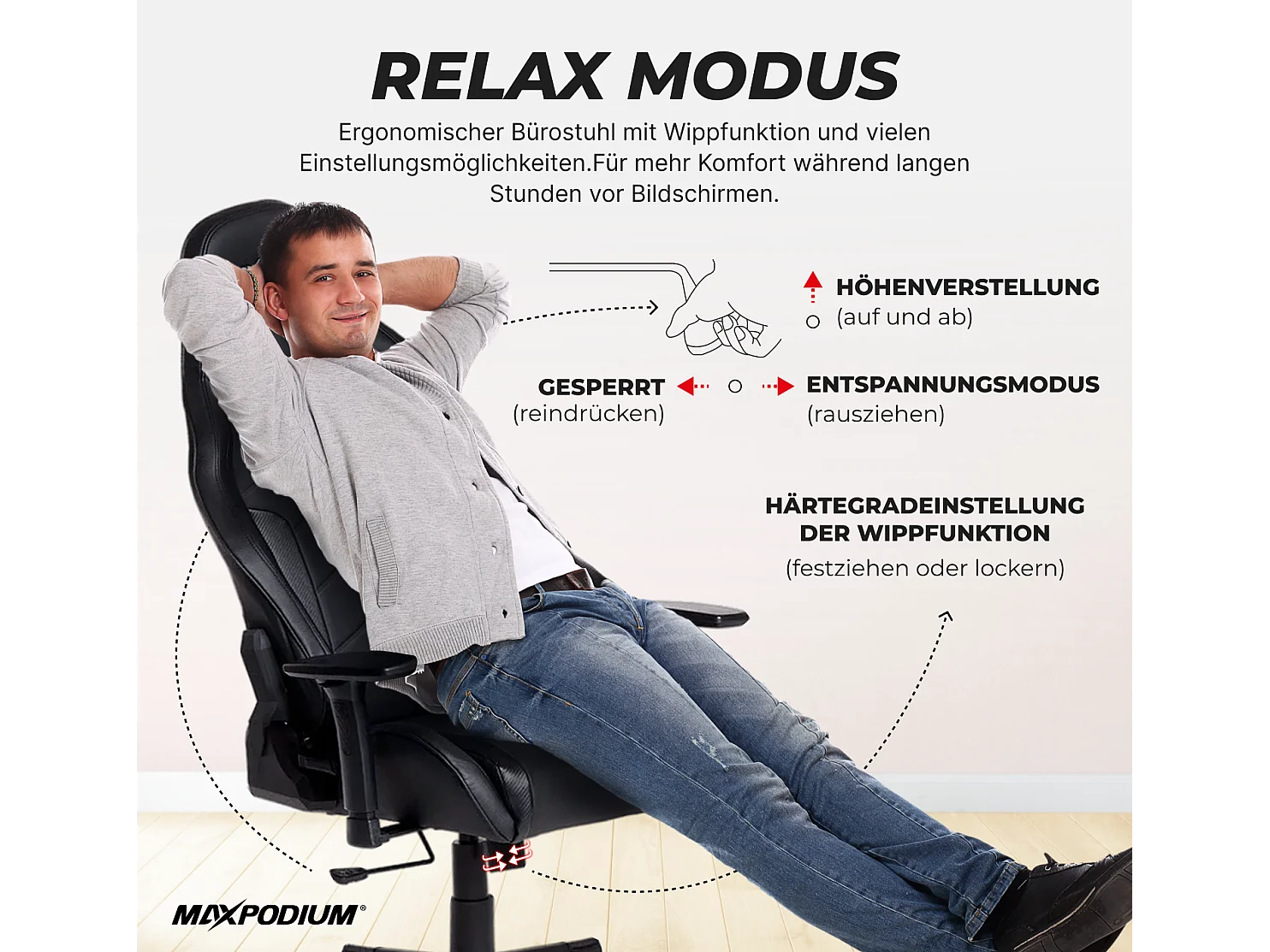 Premium Gaming-Stuhl – mit integriertem Massagesystem, extra breit, 3D-Armlehnen, bis 150 kg belastbar – MaxPodium Tactical SMI, Schwarz