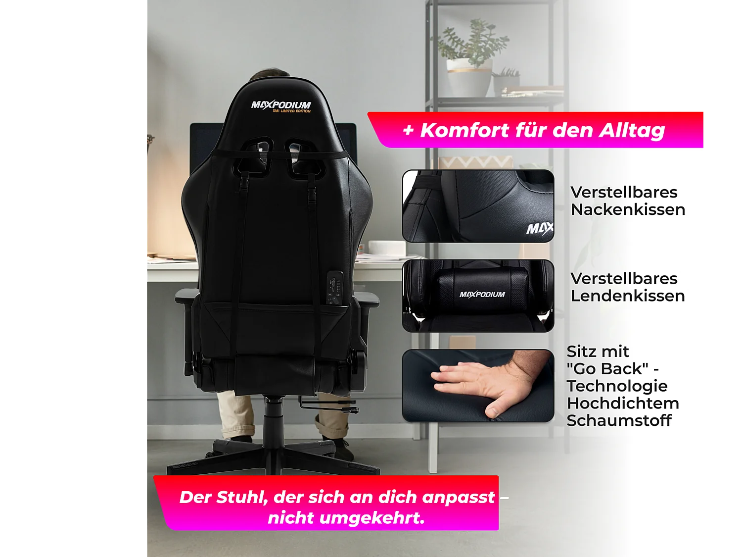 Premium Gaming-Stuhl – mit integriertem Massagesystem, extra breit, 3D-Armlehnen, bis 150 kg belastbar – MaxPodium Tactical SMI, Schwarz