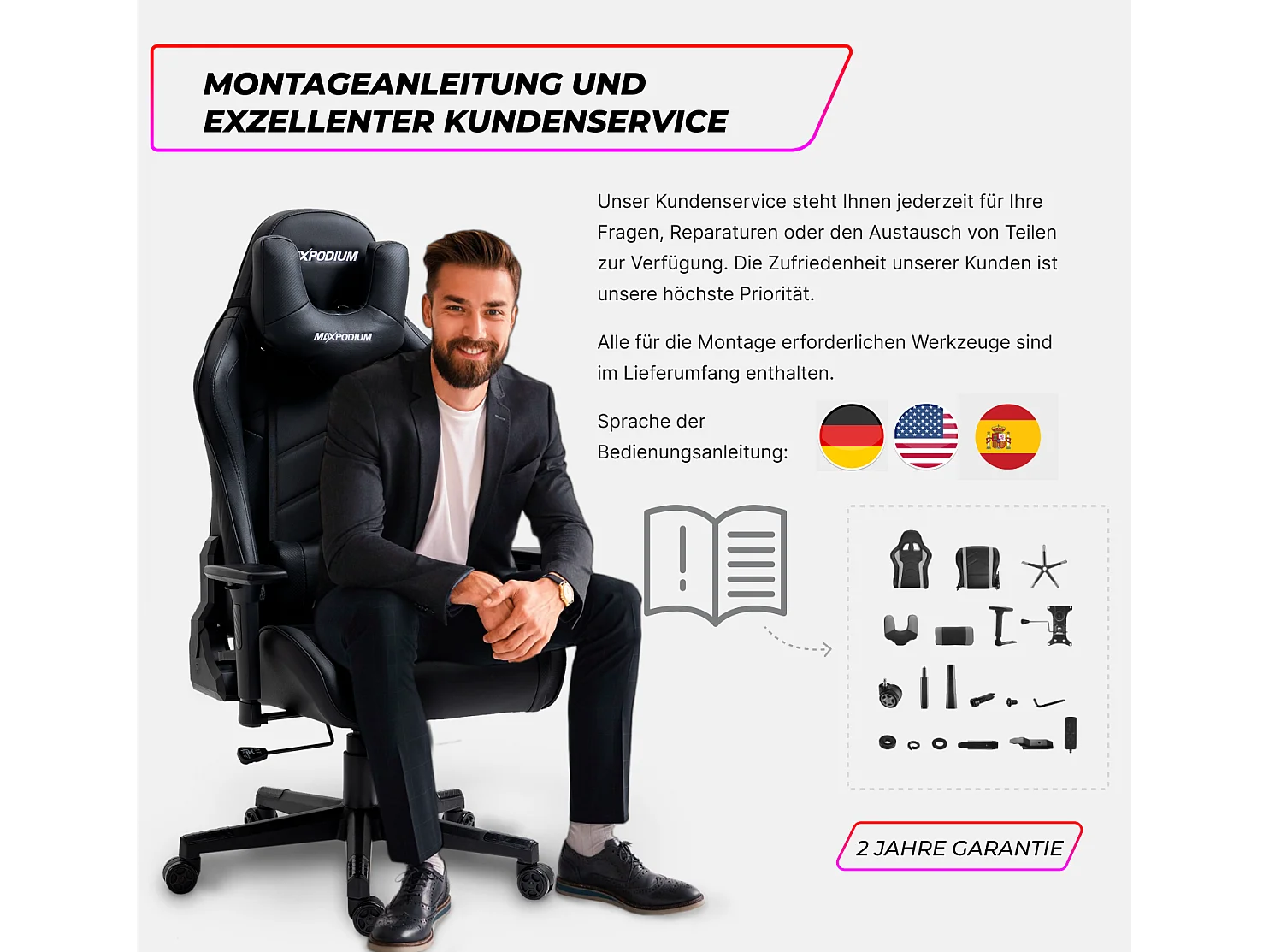 Premium Gaming-Stuhl – mit integriertem Massagesystem, extra breit, 3D-Armlehnen, bis 150 kg belastbar – MaxPodium Tactical SMI, Schwarz