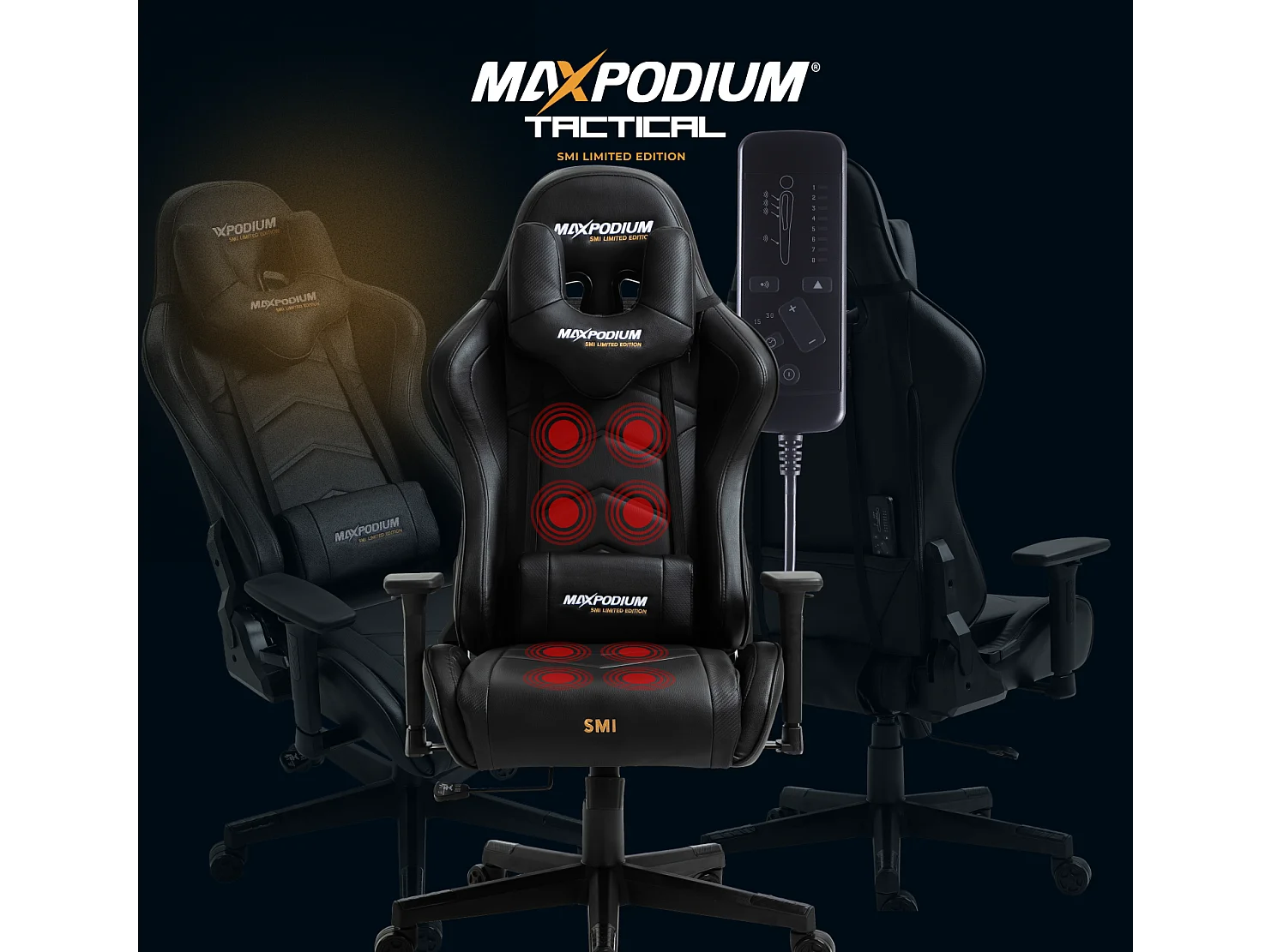 Premium Gaming-Stuhl – mit integriertem Massagesystem, extra breit, 3D-Armlehnen, bis 150 kg belastbar – MaxPodium Tactical SMI, Schwarz