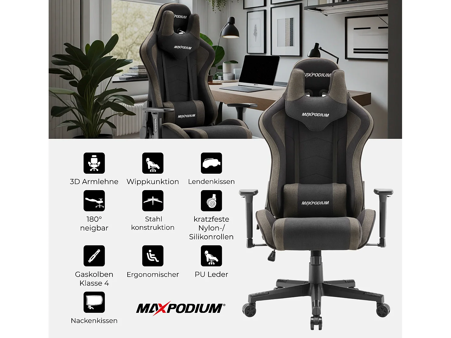 Gamingstoel – extra breed, volledig verstelbaar, in stof – Tactical, Grijs