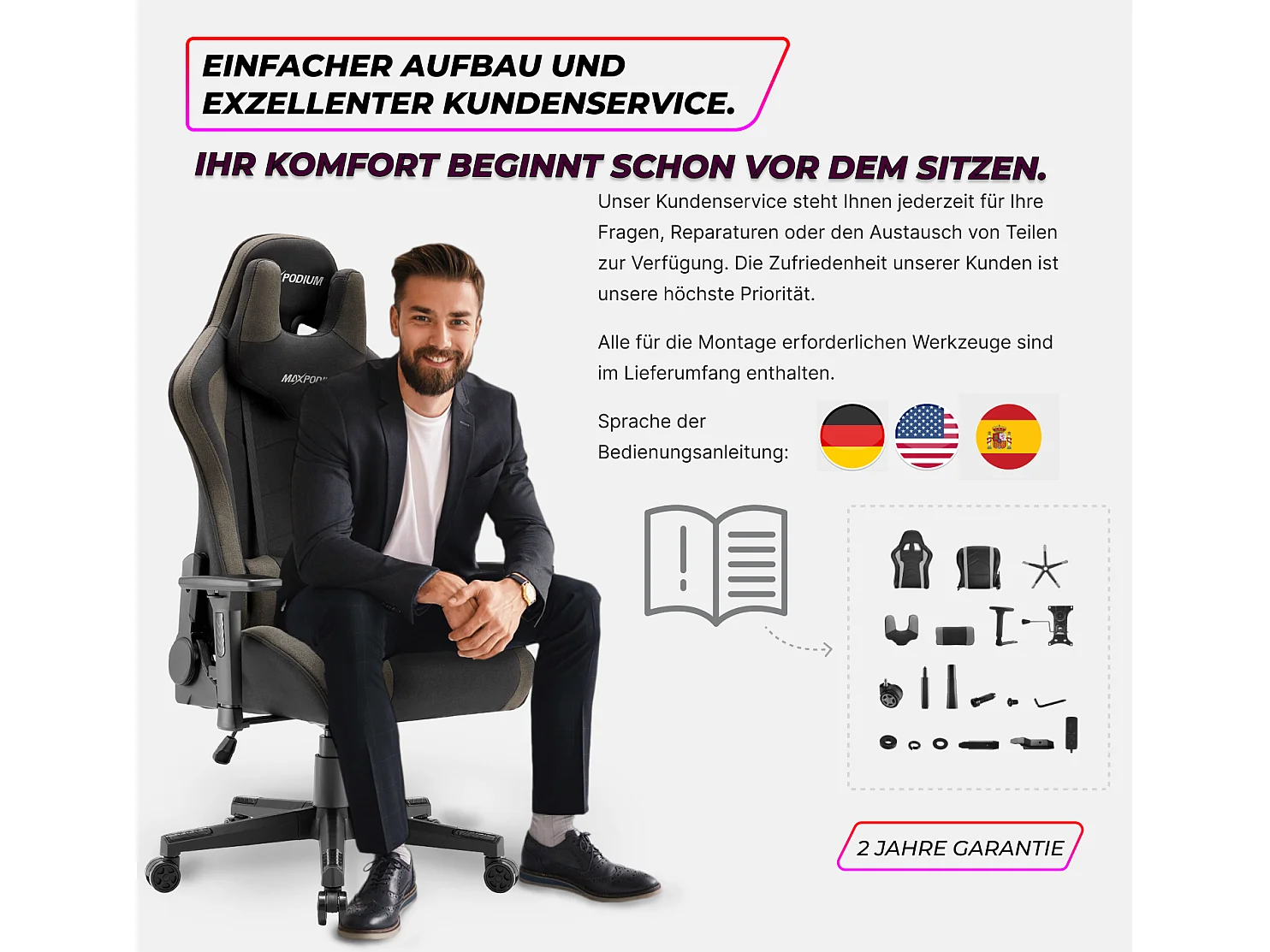 Gamingstoel – extra breed, volledig verstelbaar, in stof – Tactical, Grijs