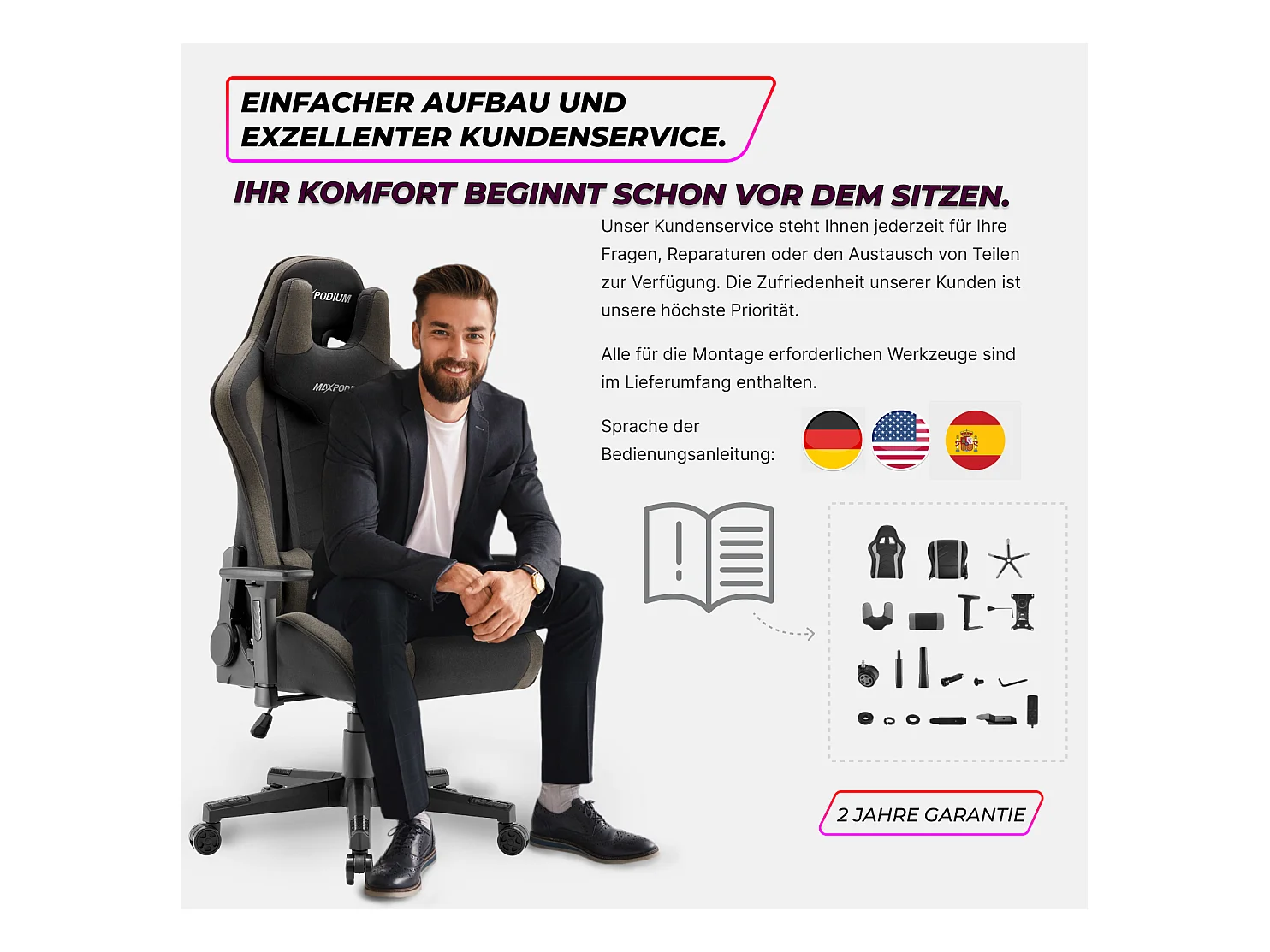 Gaming Stuhl – ergonomisch, extra breit, vielseitig einstellbar, aus Stoff – MaxPodium Tactical, Grau