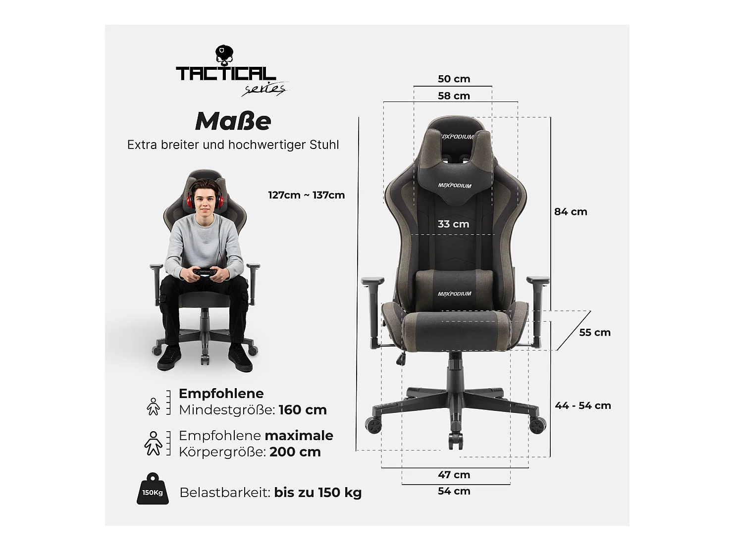 Gaming Stuhl – ergonomisch, extra breit, vielseitig einstellbar, aus Stoff – MaxPodium Tactical, Grau