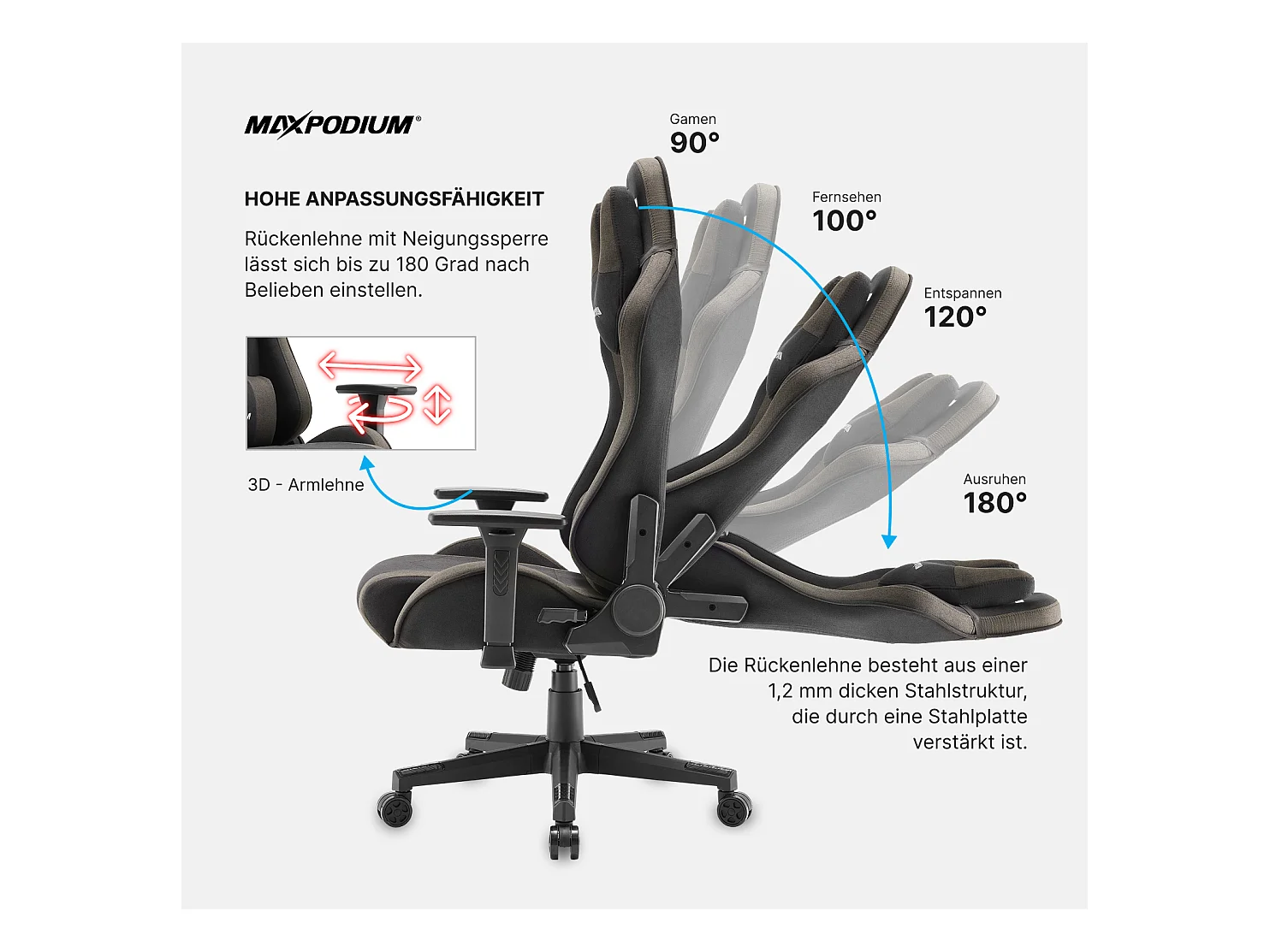 Gaming Stuhl – ergonomisch, extra breit, vielseitig einstellbar, aus Stoff – MaxPodium Tactical, Grau