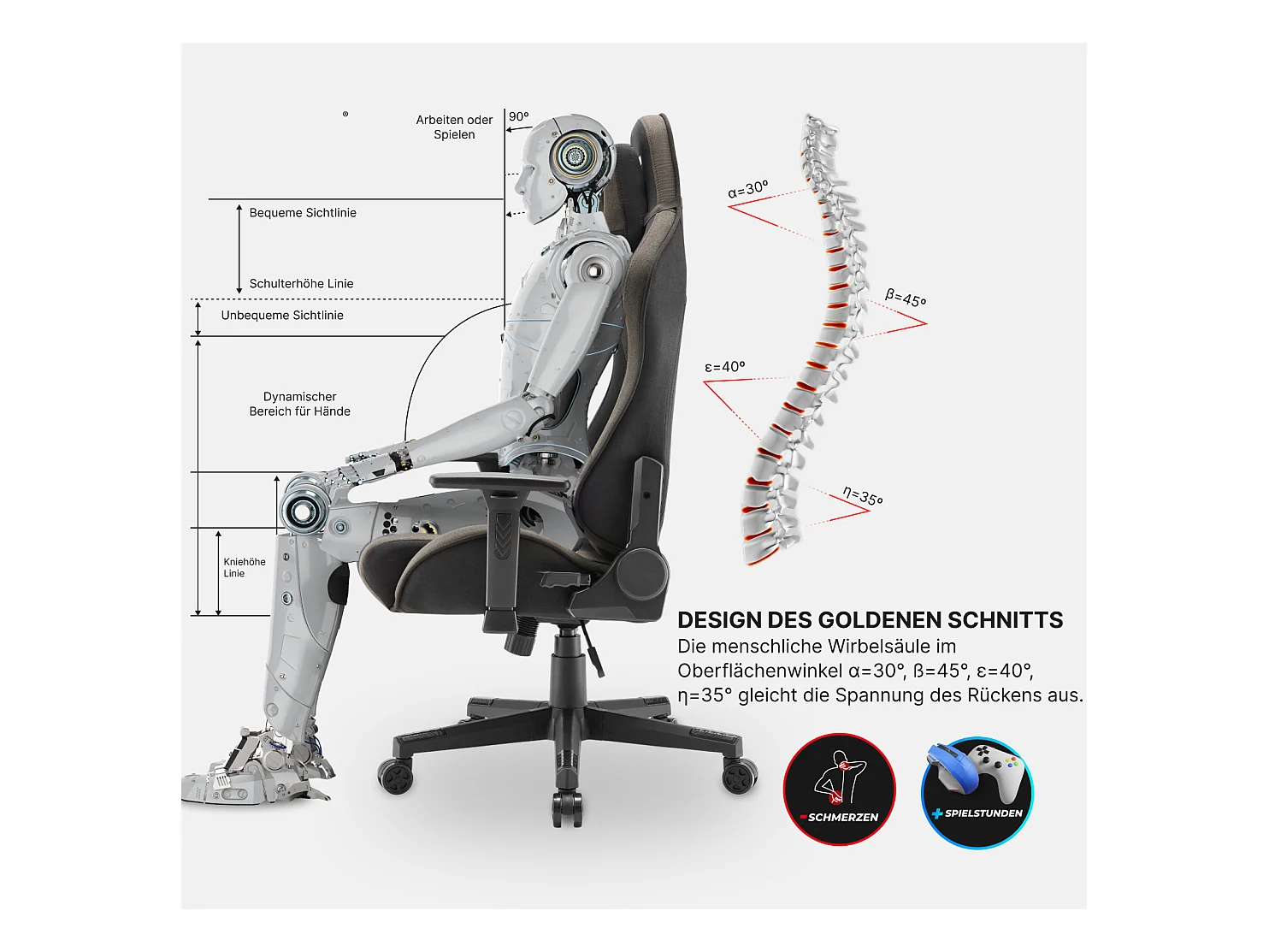 Gaming Stuhl – ergonomisch, extra breit, vielseitig einstellbar, aus Stoff – MaxPodium Tactical, Grau