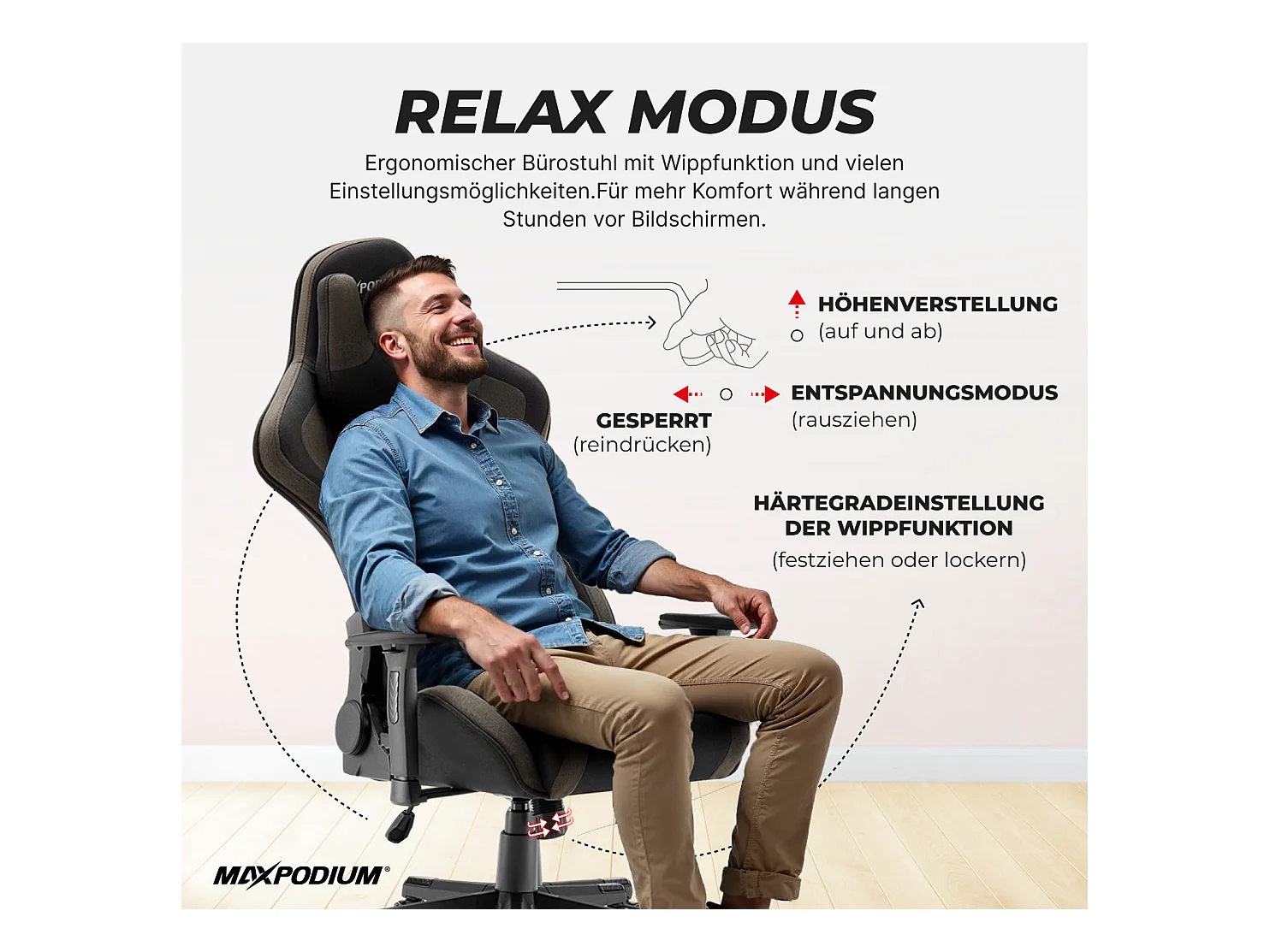 Gaming Stuhl – ergonomisch, extra breit, vielseitig einstellbar, aus Stoff – MaxPodium Tactical, Grau