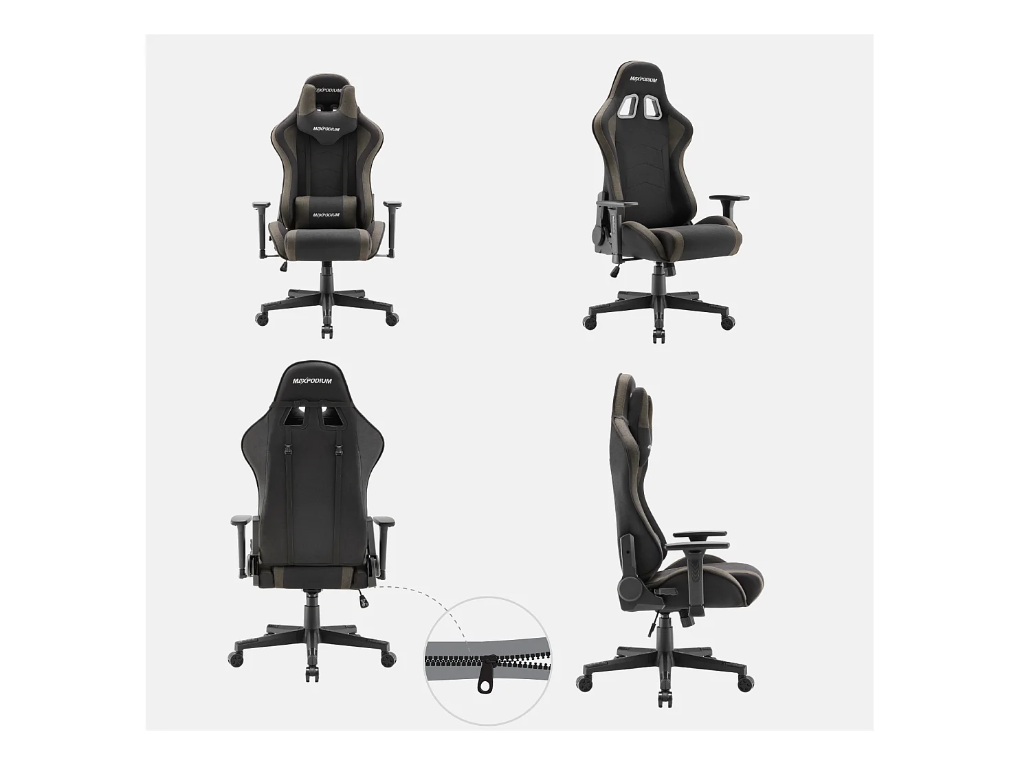 Gaming Stuhl – ergonomisch, extra breit, vielseitig einstellbar, aus Stoff – MaxPodium Tactical, Grau