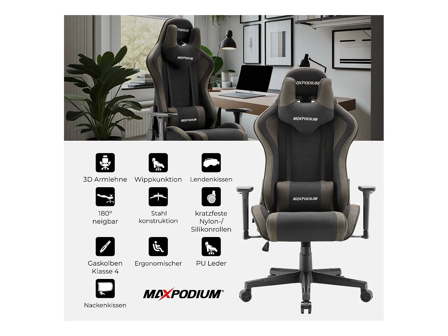 Gaming Stuhl – ergonomisch, extra breit, vielseitig einstellbar, aus Stoff – MaxPodium Tactical, Grau