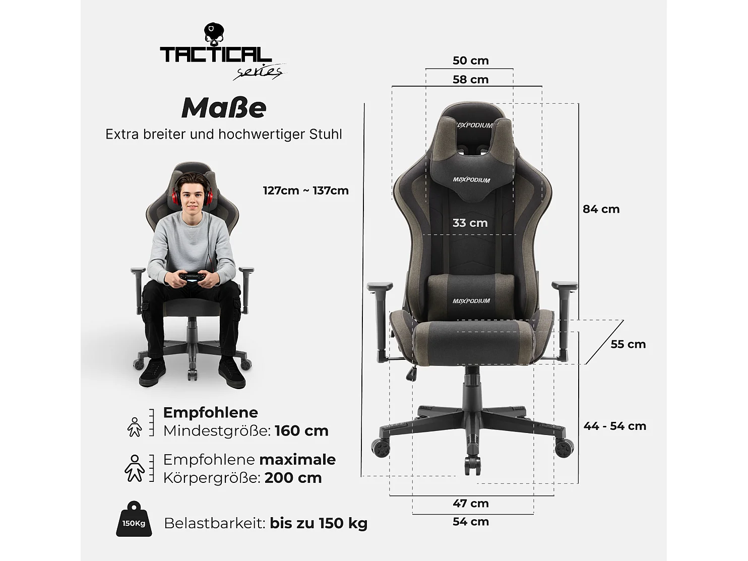 Gaming Stuhl – ergonomisch, extra breit, vielseitig einstellbar, aus Stoff – MaxPodium Tactical, Grau