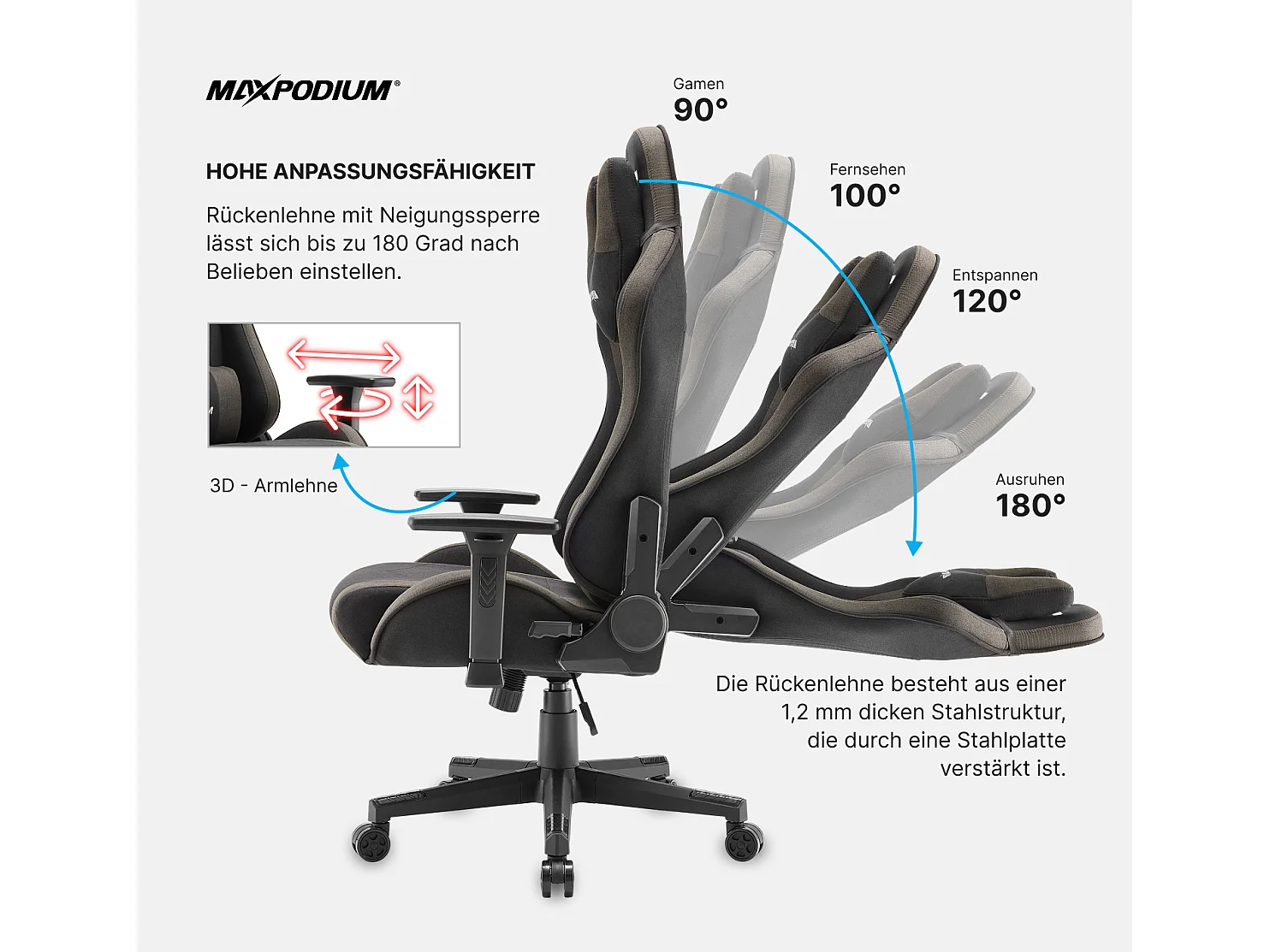 Gaming Stuhl – ergonomisch, extra breit, vielseitig einstellbar, aus Stoff – MaxPodium Tactical, Grau