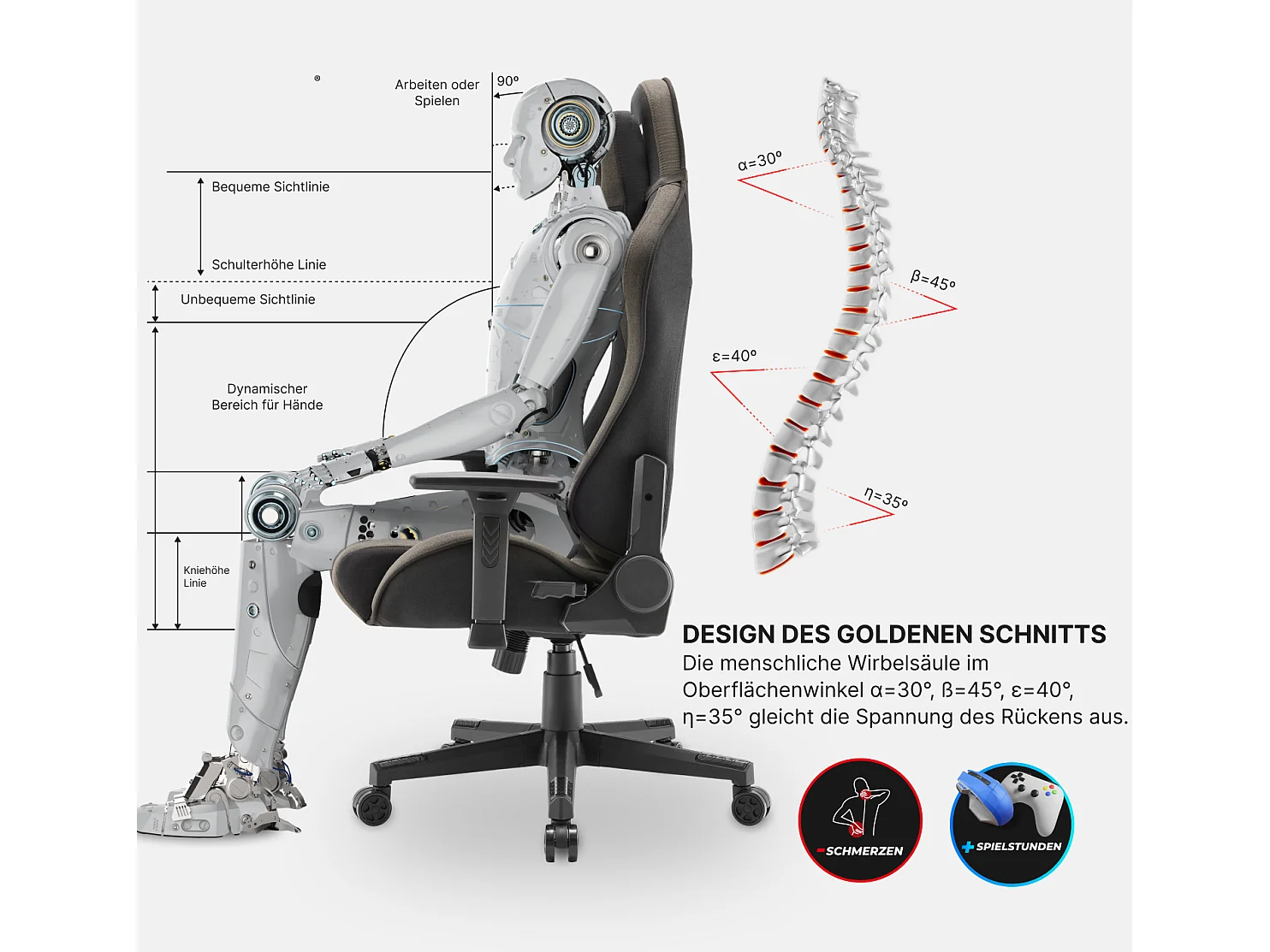 Gaming Stuhl – ergonomisch, extra breit, vielseitig einstellbar, aus Stoff – MaxPodium Tactical, Grau