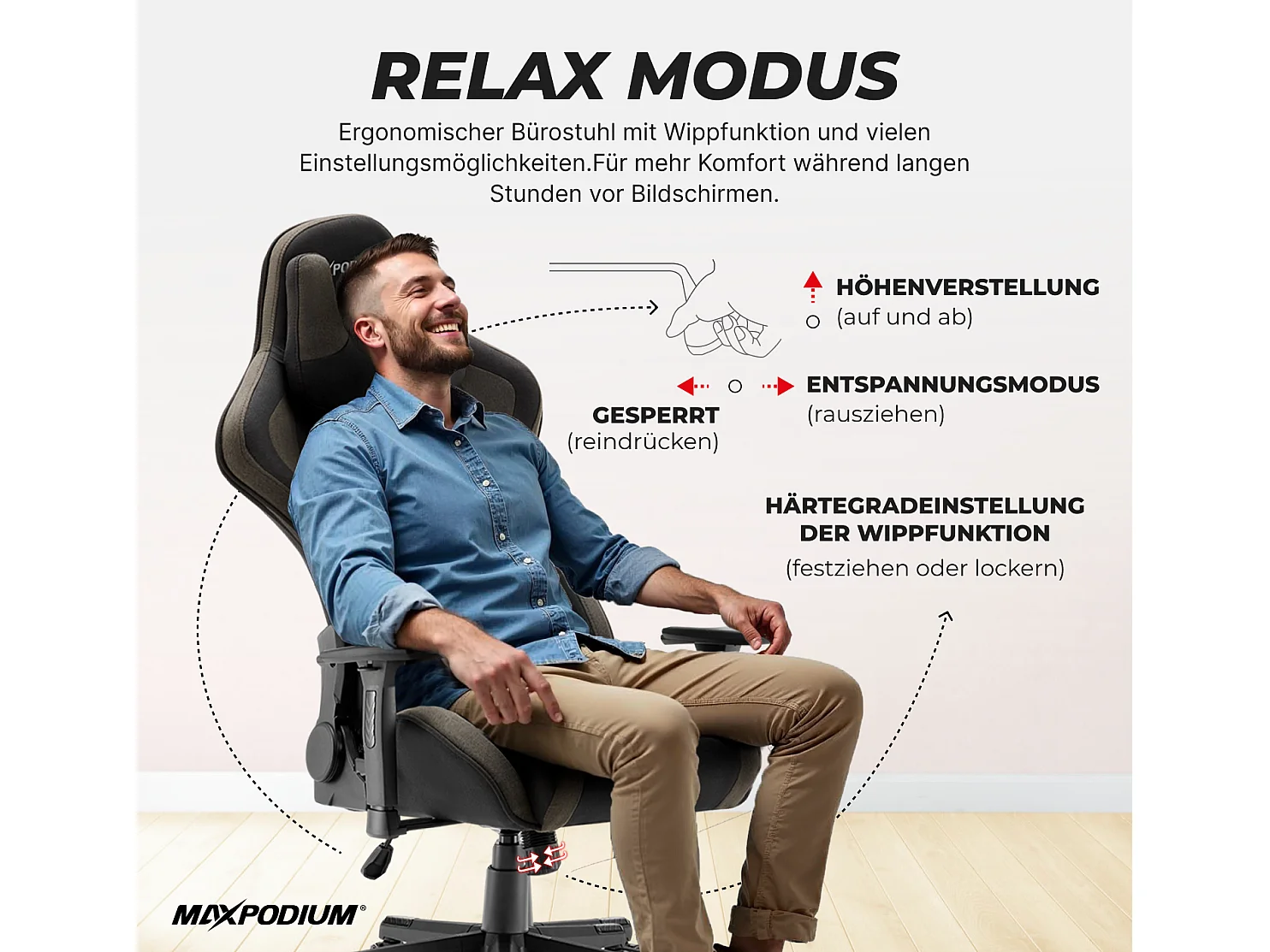 Gaming Stuhl – ergonomisch, extra breit, vielseitig einstellbar, aus Stoff – MaxPodium Tactical, Grau