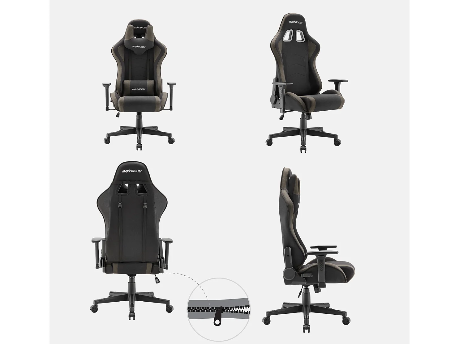 Gaming Stuhl – ergonomisch, extra breit, vielseitig einstellbar, aus Stoff – MaxPodium Tactical, Grau