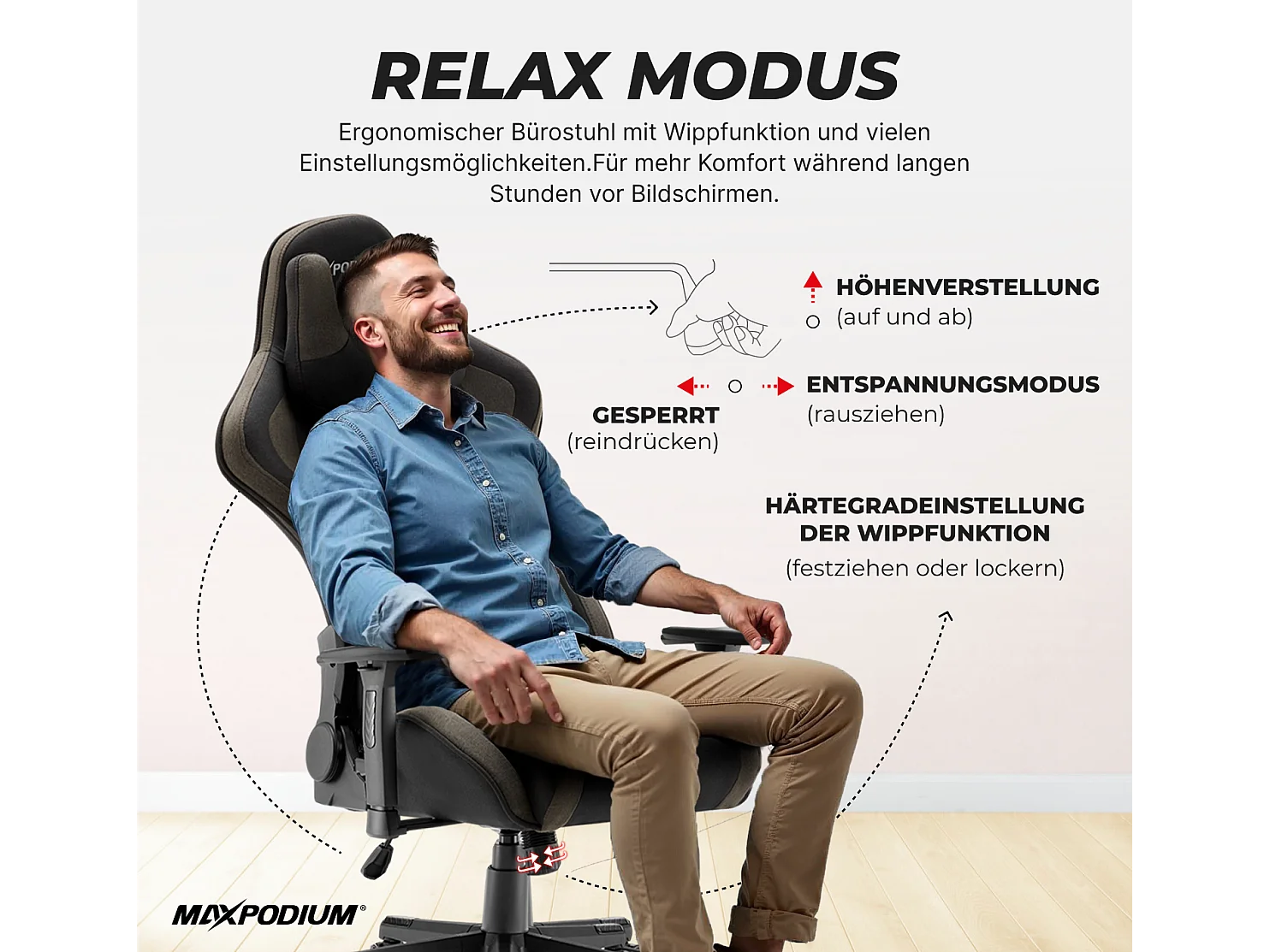 Cadeira Gaming – extra larga, altamente ajustável, em tecido – Tactical, Cinzenta