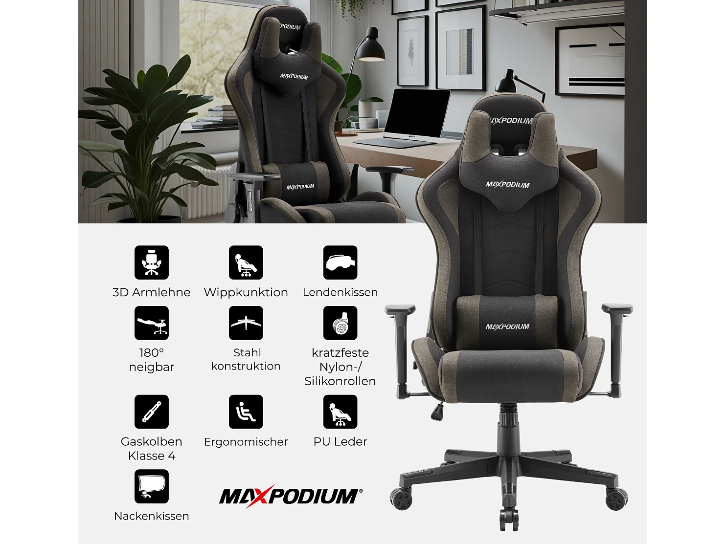 Cadeira Gaming – extra larga, altamente ajustável, em tecido – Tactical, Cinzenta