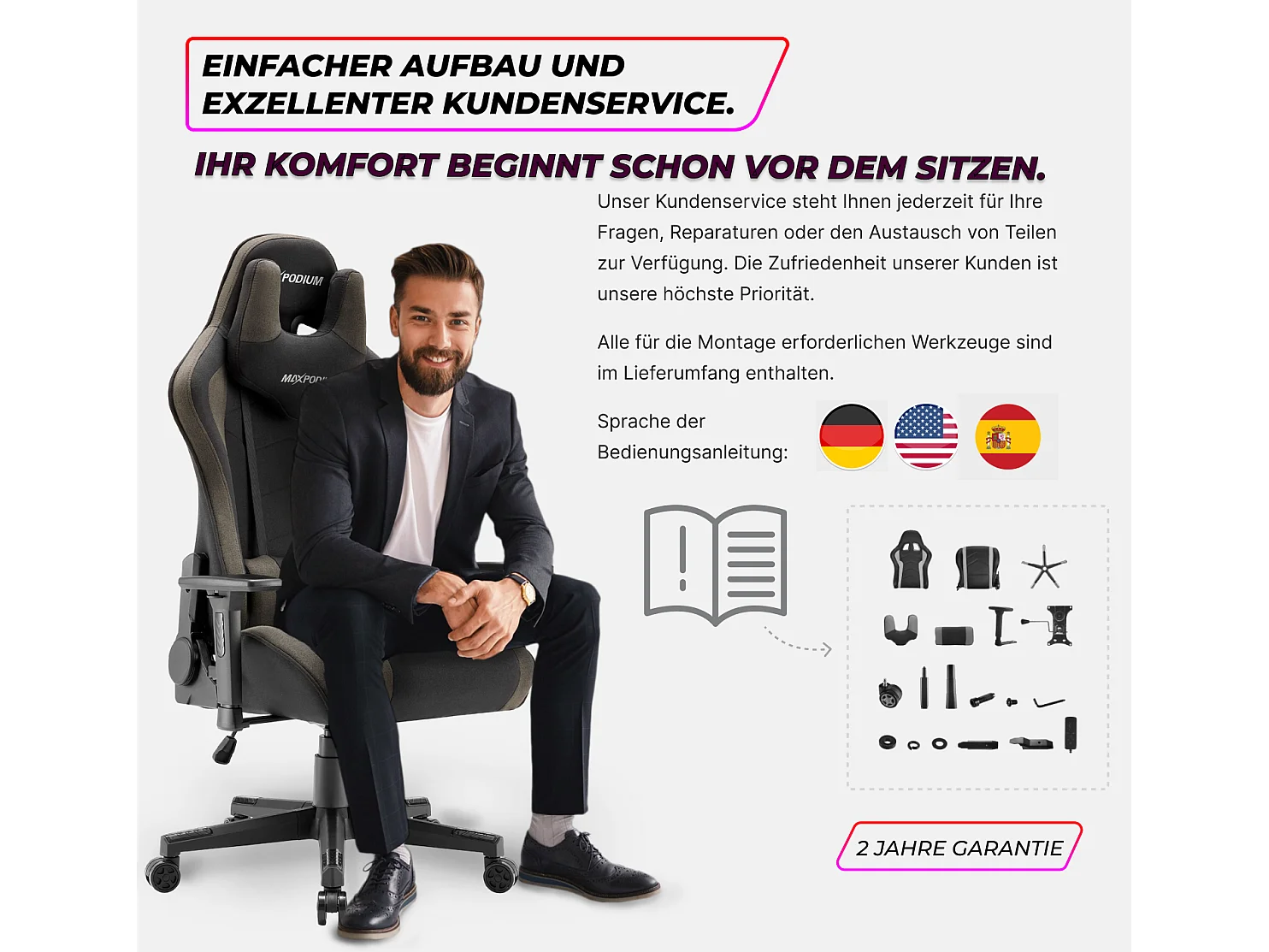 Cadeira Gaming – extra larga, altamente ajustável, em tecido – Tactical, Cinzenta