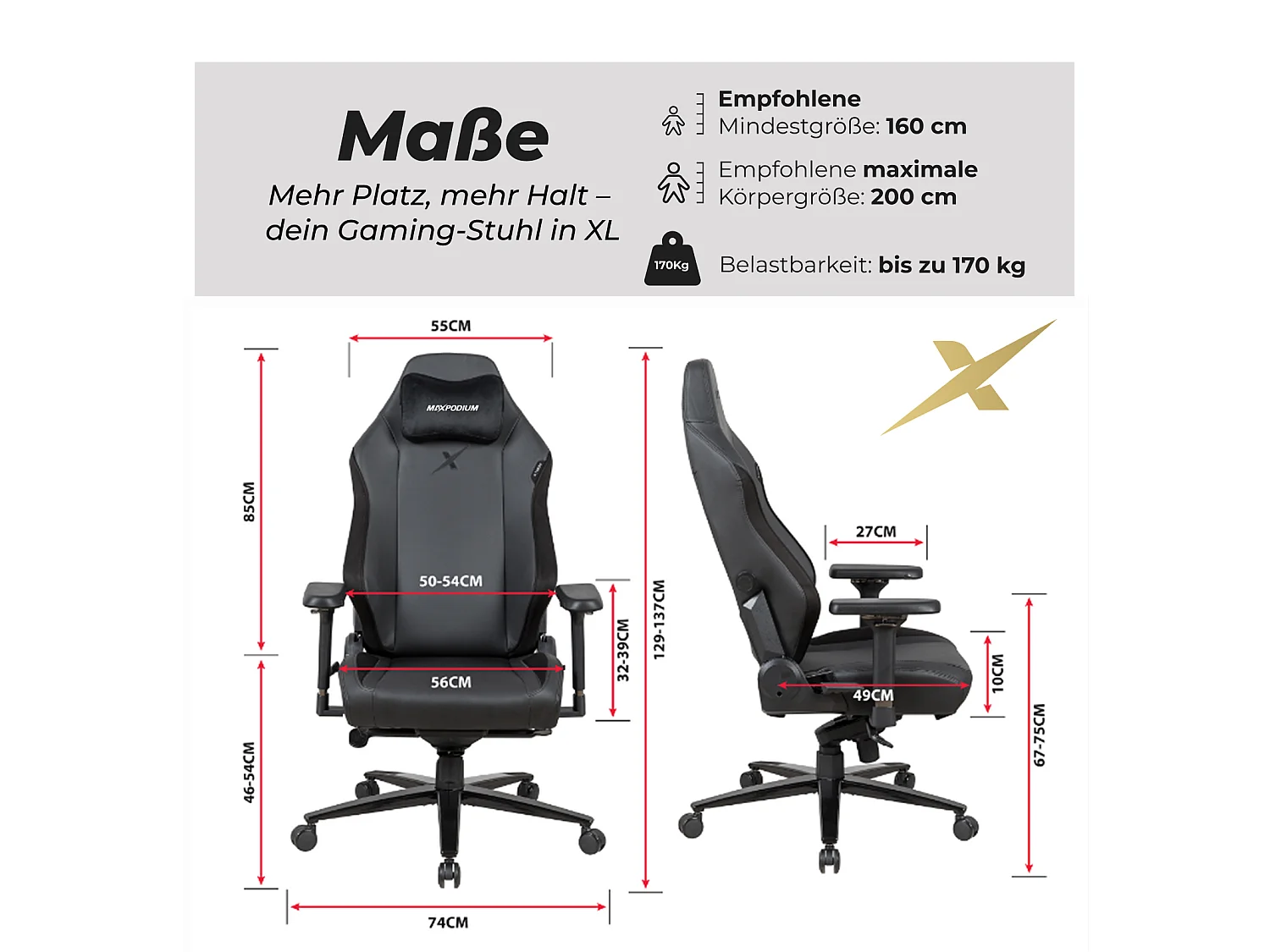 Gamingstoel Premium – met massagefunctie, belastbaar tot 170 kg – Heavy SMI, Zwart