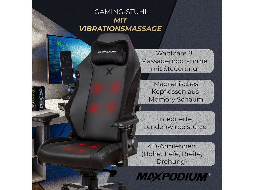 Gamingstoel Premium – met massagefunctie, belastbaar tot 170 kg – Heavy SMI, Zwart